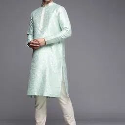 Manyavar Men Green & Cream-Coloured Ethnic Motifs Kurta with Churidar-image-27