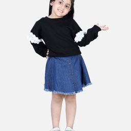 Aww Hunnie Full Sleeves Schiffli Embroidered Frill Detail Sweatshirt With Flared Denim Skirt - Black & Blue-image-96