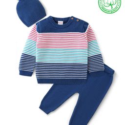 Babyhug Organic Cotton Knit Full Sleeves Striped Sweater Set - Pink & Blue-image-78