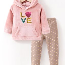 Kookie Kids Full Sleeves Winter Wear Hooded Tee and Pant Set Tet Patch - Pink-29