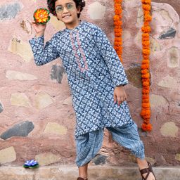 Babyhug 100% Cotton Full Sleeves Woven Floral Printed Kurta Dhoti Set - Blue-image-38