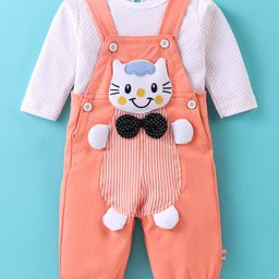 WOW Clothes Full Sleeves Cotton T-shirt with Dot Print and Dungaree with Kitty Patch and Bow Applique- Peach-12
