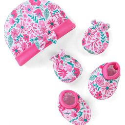 Babyhug 100% Cotton Knit Floral Printed Cap Mittens & Booties with Bow Applique - Pink-image-40