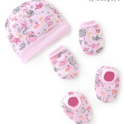 Babyoye Eco Conscious 100 % Cotton Cap Gloves and Mittens Set Animal Print Pink - Diameter 13 cm-18
