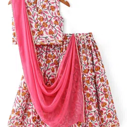 Babyhug 100% Cotton Woven Sleeveless Choli Lehenga  With Dupatta Floral Print - White & Pink-picture-2