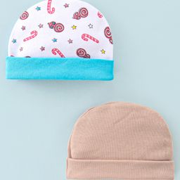 Ben Benny Cotton Knit Caps Solid & Candy  Print White & Brown Pack of 2  - Diameter 9 cm-picture-12