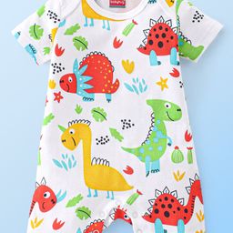 Babyhug 100% Cotton Interlock Knit Half Sleeves Romper Dino Print - White-image-97