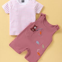 Mini Taurus Cotton Knit Dungaree With Half Sleeve Inner T-Shirt With Teddy Fishing Embroidery - Red & White-image-75