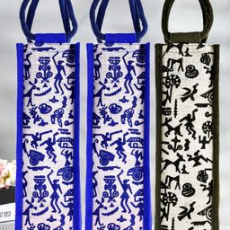 Kuber Industries Bottle Bag  Jute Carry Bag  Water Bottle Cover  Wine Bottle Bag  Reusable Bottle Bag with Handle  Bottle Bag for Office  Warli-Print Gift Bag  Pack of 3  Multi-77
