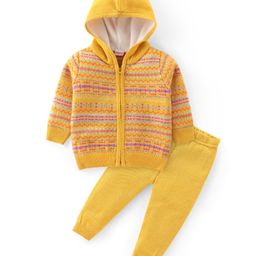 Babyhug Knitted Full Sleeves Front Open Hooded Sweater Set With Aztec Design - Mustard-7
