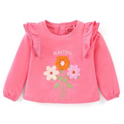Babyhug Cotton Knit Full Sleeves Top with Frill Detailing & Floral Embroidery - Pink-image-73