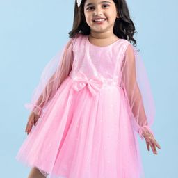 Babyhug  Woven Full Sleeves Shimmered Party Frock with Embellished Yoke & Sequin Detailing Bow Applique - Pink-picture-22