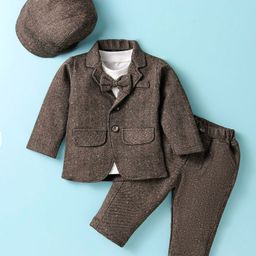 Robo Fry Lycra Knit Full Sleeves Blazer T-Shirt & Trouser With Hat & Attached Bow - Brown-image-88