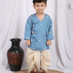 Polka Tots Cotton Full Sleeve Floral Embroidered Kurta  Dhoti  - Blue-picture-34