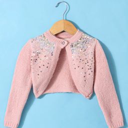 Yellow Apple Knit Full Sleeves Cardigan with Sequinned Detailing - Peach-image-49