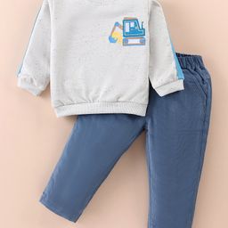 ToffyHouse 100% Cotton Knit Full Sleeves T-Shirt & Lounge Pant with JCB Embroidery - Off White & Teal Blue-image-88