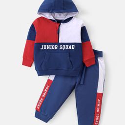 Babyhug Cotton Knit Full Sleeves Hooded Color Block T-Shirt & Lounge Pants Set With Text Print - Navy & Red-image-50