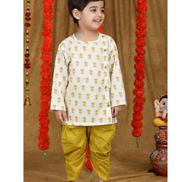 Polka Tots Cotton Full Sleeves Floral Printed Kurta With Dhoti - Yellow-image-44