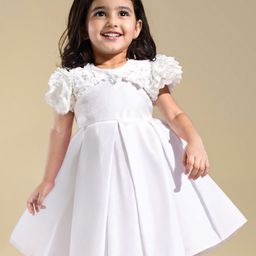 Babyhug Woven Half Puffed Sleeves Party Wear Fit & Flare Dress with Flower Embellishments - White-image-27