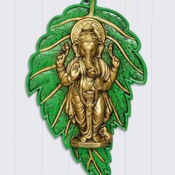 eCraftIndia Golden Standing Chaturbhuj Lord Ganesha On Green Leaf Metal Wall Hanging Art-21