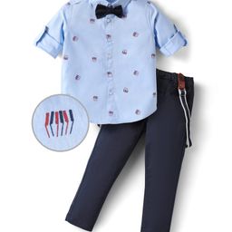 Mark & Mia Cotton Knit Full Sleeves Shirt & Trouser Set With Suspender & Bow With Abstract Print - Light Blue & Navy Blue-image-29