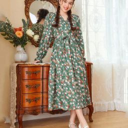 Bolly Lounge Cotton Blend Full Sleeves Floral Printed Dress - Green-image-62