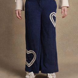 One Friday Heart Detailed Beads Embellished Trousers - Blue-image-2
