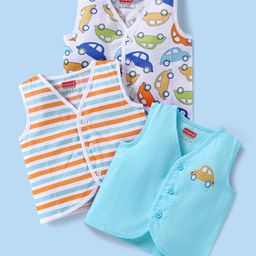 Babyhug Cambric Woven Sleeveless Front Open Jhablas With Car Print Pack of 3 - White Orange & Blue-image-63