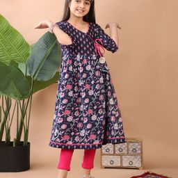 Kinder Kids Cotton Three Fourth Sleeves Floral Printed Kurta With Solid Leggings - Blue & Pink-image-46