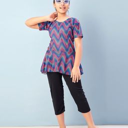 Aarika Half Sleeves Chevron Printed Frock Style Swimsuit - Blue Pink & Black-image-67