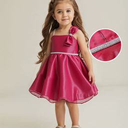 Babyhug Woven Sleeveless Solid Party Dress With Bow Applique & Lace Detailing - Red-image-37
