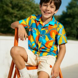 OLLINGTON ST. Cotton Knit Floral Printed Half Sleeves Shirt & Woven Shorts Set - Multicolor & White-image-34