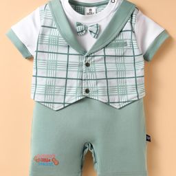 Mini Taurus Cotton Knit Half Sleeves Checks Romper With Bow Applique - Light Green-image-21