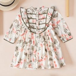 Bella Moda Cotton Three Fourth Sleeves Floral Printed Dress - Green & Peach-image-74