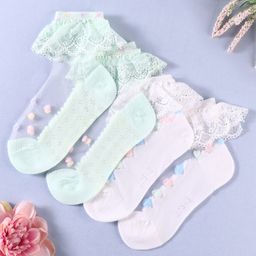 KIDLINGSS Pack Of 2 Schiffli Embroidered & Colour Blocked Socks - White & Sea Green-image-72