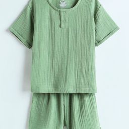 The Boo Boo Club 100% Cotton Muslin Half Sleeves Solid Tee & Shorts Set - Sage Green-22