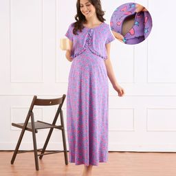 Bella Mama Cotton Knit Half Sleeves Side Zipper Star Print Nighty - Lavender-image-4