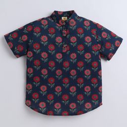 Aww Hunnie 100% Cotton Half Sleeves Jaipuri Floral Motifs Printed Short Kurta - Blue-image-94