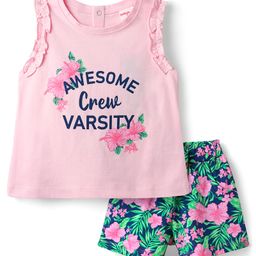 Babyhug Single Jersey Knit Sleeveless Top & Shorts Set With Floral Print - Pink-image-76