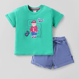ToffyHouse Interlock Woven Half Sleeves T-Shirt & Shorts Set with Teddy Print - Light Green-image-63