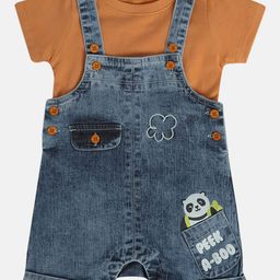 MINI KLUB Cotton Knit Panda Printed Mild Washed Dungaree With Half Sleeves Tee - Blue-image-79