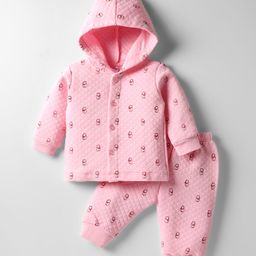Tango Knit Full Sleeves Front Open Hooded Co-Ord Winter Night Suit With Bear Print - Pink-picture-49