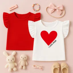 Luke and Lilly Cotton Knit Pack Of 2 Half Frill Sleeves Solid & Heart Printed Tops - White & Red-picture-49