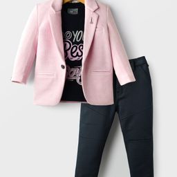 Dapper Dudes Full Sleeves Textured Blazer With Typography Printed Tee & Pant Set - Pink-picture-22