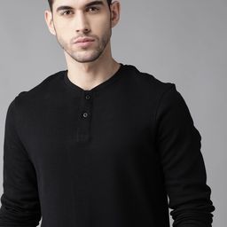Roadster Men Black Self Design Henley Neck T-shirt-image-63