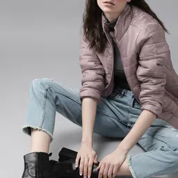 Roadster Women Lavender & Grey Printed Padded Jacket-image-60