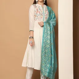 Jompers Women Floral Yoke Design Regular Chikankari Kurta with Trousers & With Dupatta-picture-5
