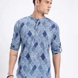 Anouk Rustic Band Collar Geometric Printed Roll-Up Sleeves Kurta-image-8