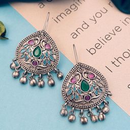 Sangria Silver Plated Stones Studded & Beaded  Drop Earrings-48