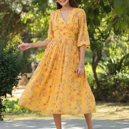 Janasya Floral Print Puff Sleeve Georgette Fit & Flare Midi Dress-image-81